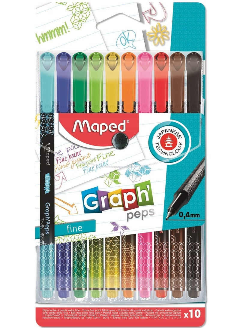 مابد طقم أقلام ألوان فلوماستر مابد جراف بيبس (Maped Graph' Peps) - سن رفيع 0.4 مم - 10 ألوان زاهية - Image 1